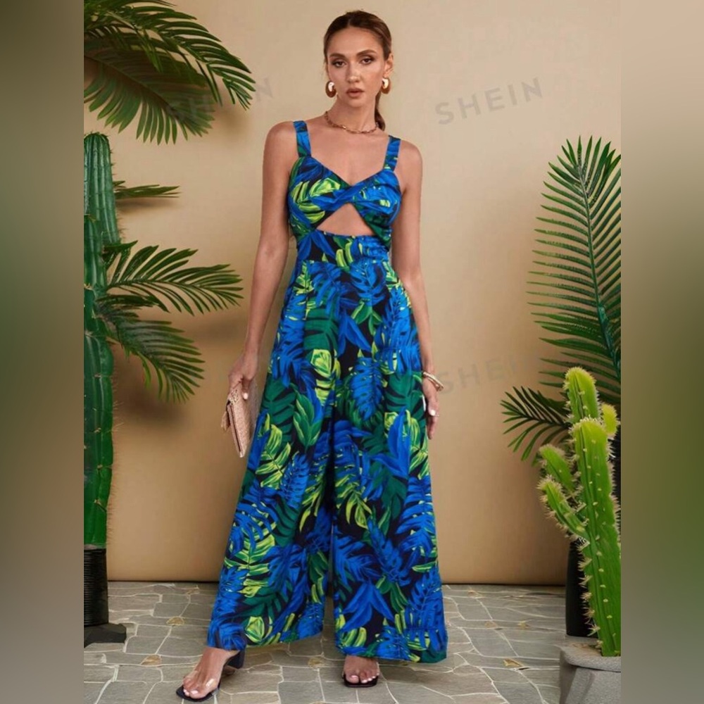 SHEIN VCAY Vacation Style Botanical Printed Spaghetti Strap Jumpsuit